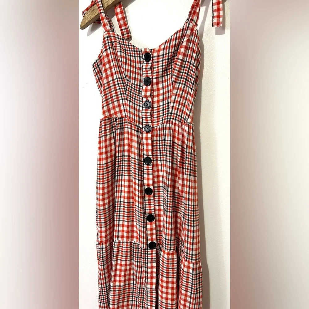 Urban Outfitters Red Plaid Gingham Midi Dress Small Linen Button Smocked Picnic - Picture 4 of 10